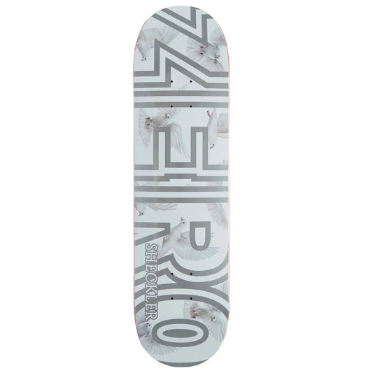 Skateboard deck with geometric pattern and 'Sheckler' branding on a white background