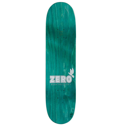 Green skateboard deck with 'Zero' logo on a white background