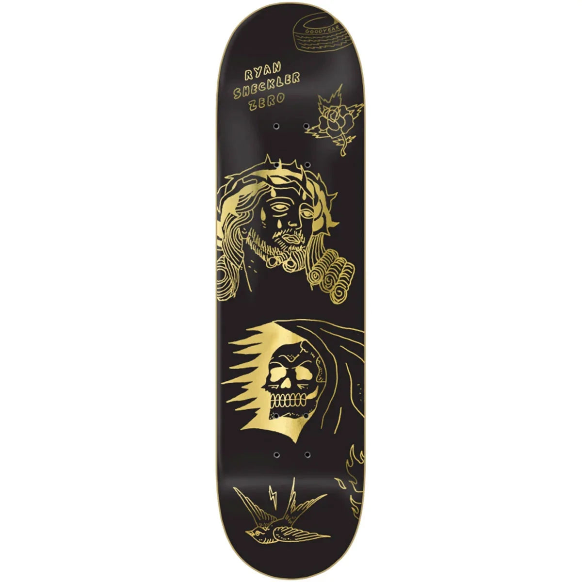 A black skateboard deck featuring gold graphic illustrations of skulls, a lion, a bird, and the text 'RYAN shecklet zero' near the top, shown against a plain white background.