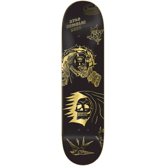 A black skateboard deck featuring gold graphic illustrations of skulls, a lion, a bird, and the text 'RYAN shecklet zero' near the top, shown against a plain white background.