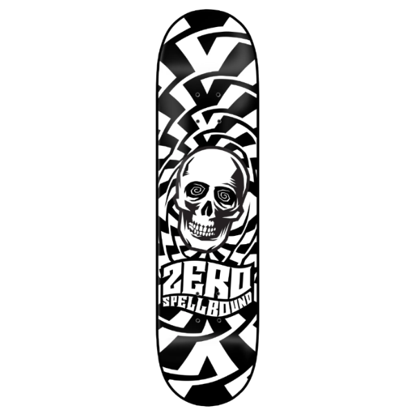 A skateboard deck featuring a bold black and white graphic design with a central skull motif, concentric circular patterns, and the text 'ZERO SPELLBOUND' printed near the bottom.