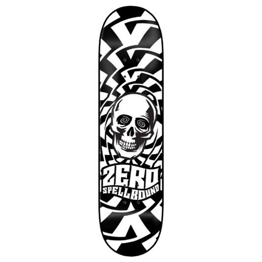 A skateboard deck featuring a bold black and white graphic design with a central skull motif, concentric circular patterns, and the text 'ZERO SPELLBOUND' printed near the bottom.