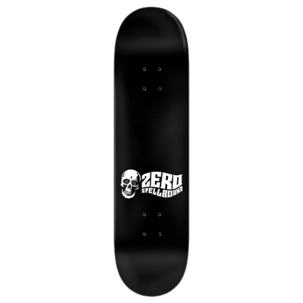 A black skateboard deck with a white skull graphic and the text 'ZERO SPELLBOUND' printed on the underside.