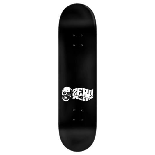 A black skateboard deck with a white skull graphic and the text 'ZERO SPELLBOUND' printed on the underside.