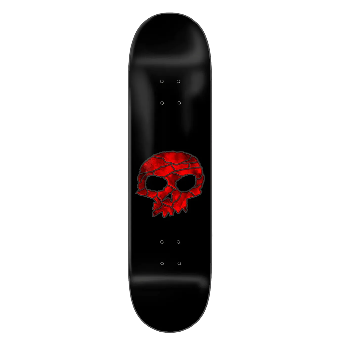Black skateboard deck with a red skull design on a white background