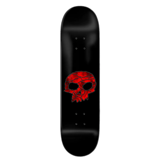 Black skateboard deck with a red skull design on a white background