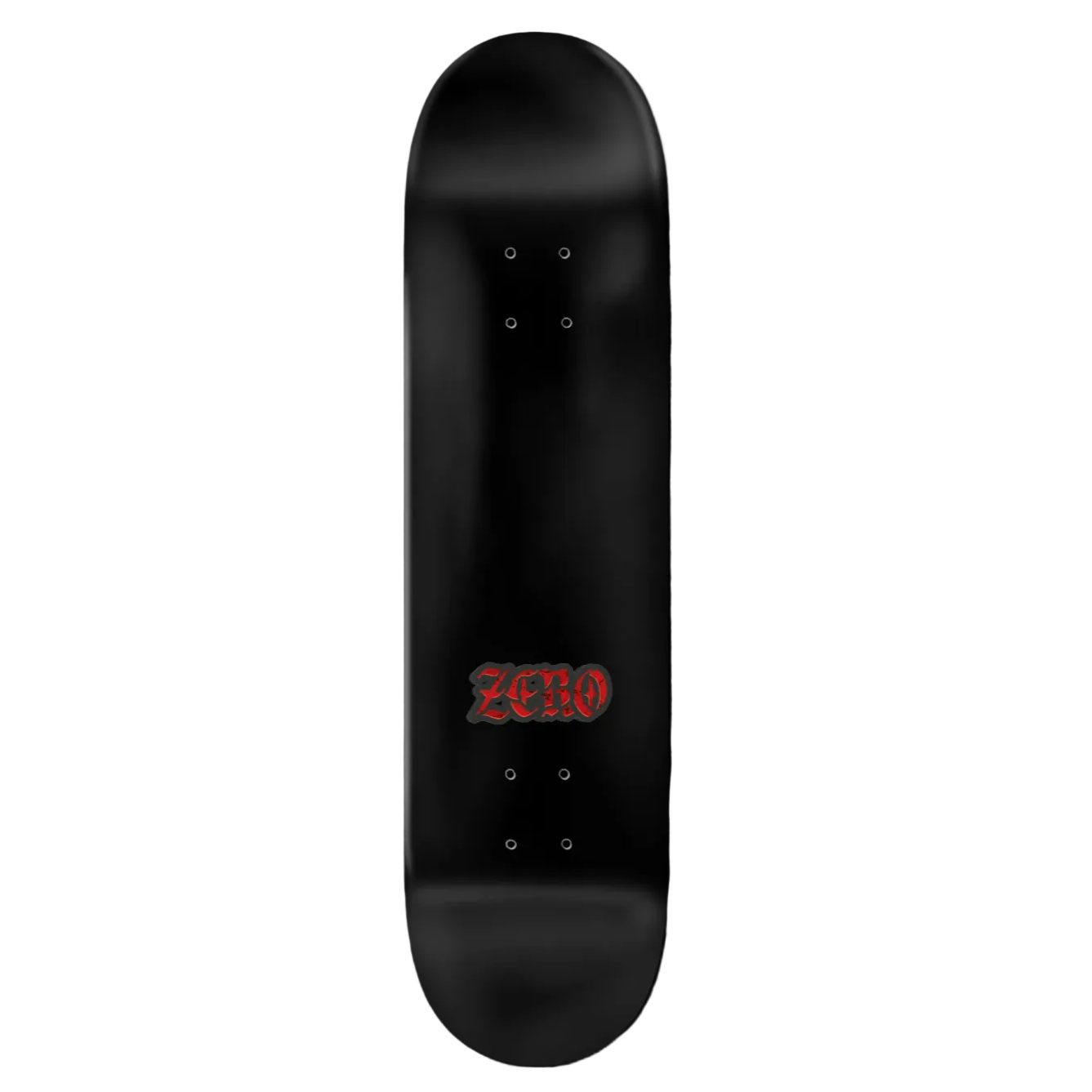 Black skateboard deck with 'Zero' logo on a black background