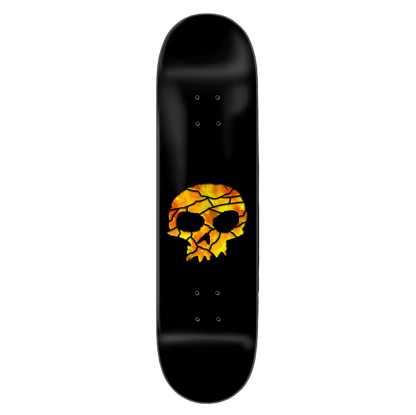 Skateboard deck with a cracked skull design on a black background