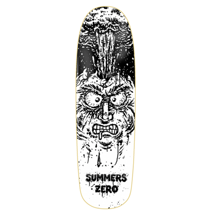 Skateboard deck with a graphic design of a face and 'Summers Zero' branding on a white background