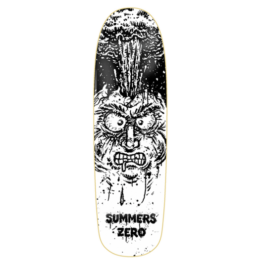 Skateboard deck with a graphic design of a face and 'Summers Zero' branding on a white background