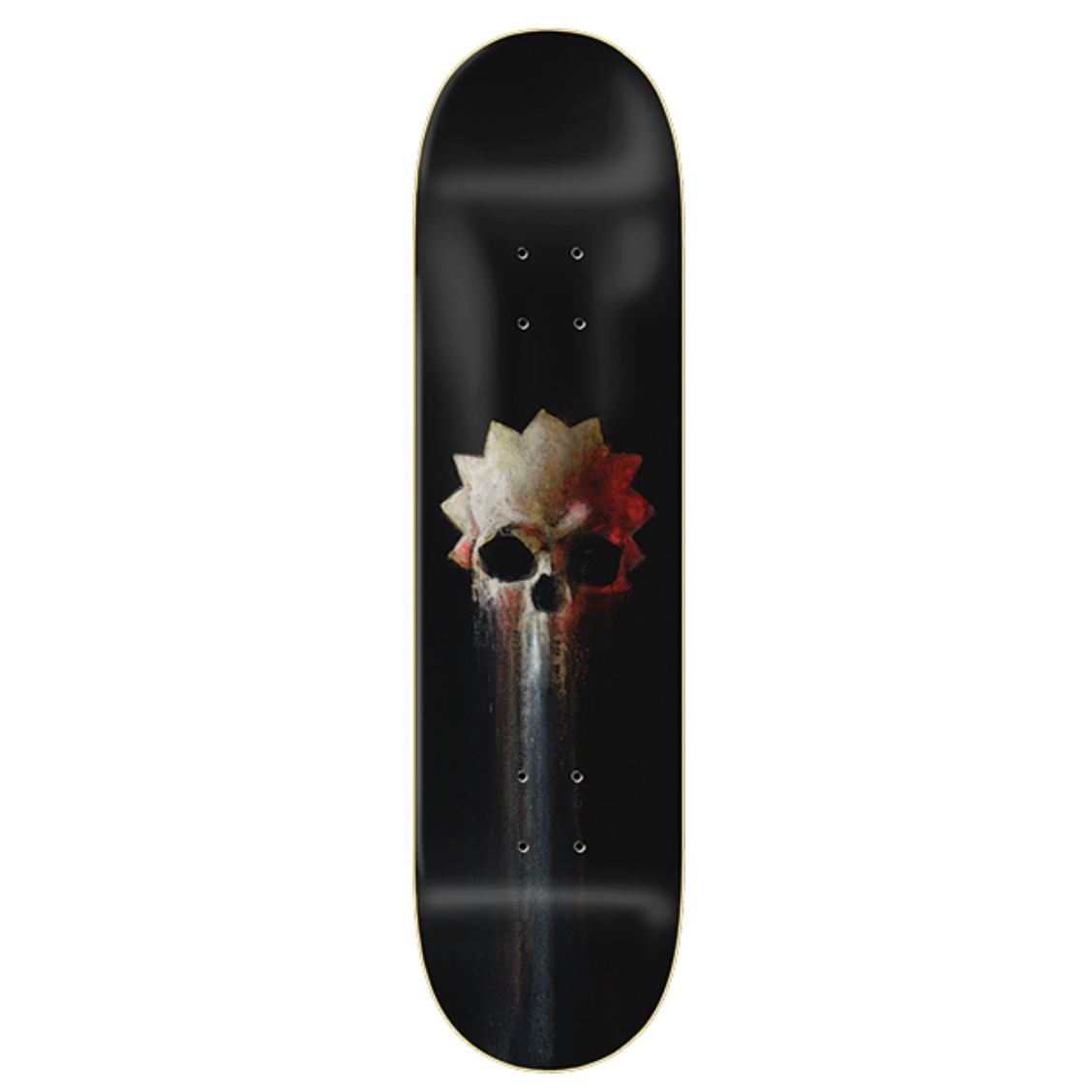 Black skateboard deck with a skull design on a white background