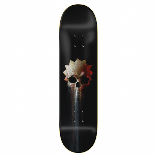 Black skateboard deck with a skull design on a white background