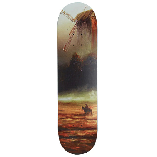 Skateboard deck with a painting of a windmill and landscape design on a white background
