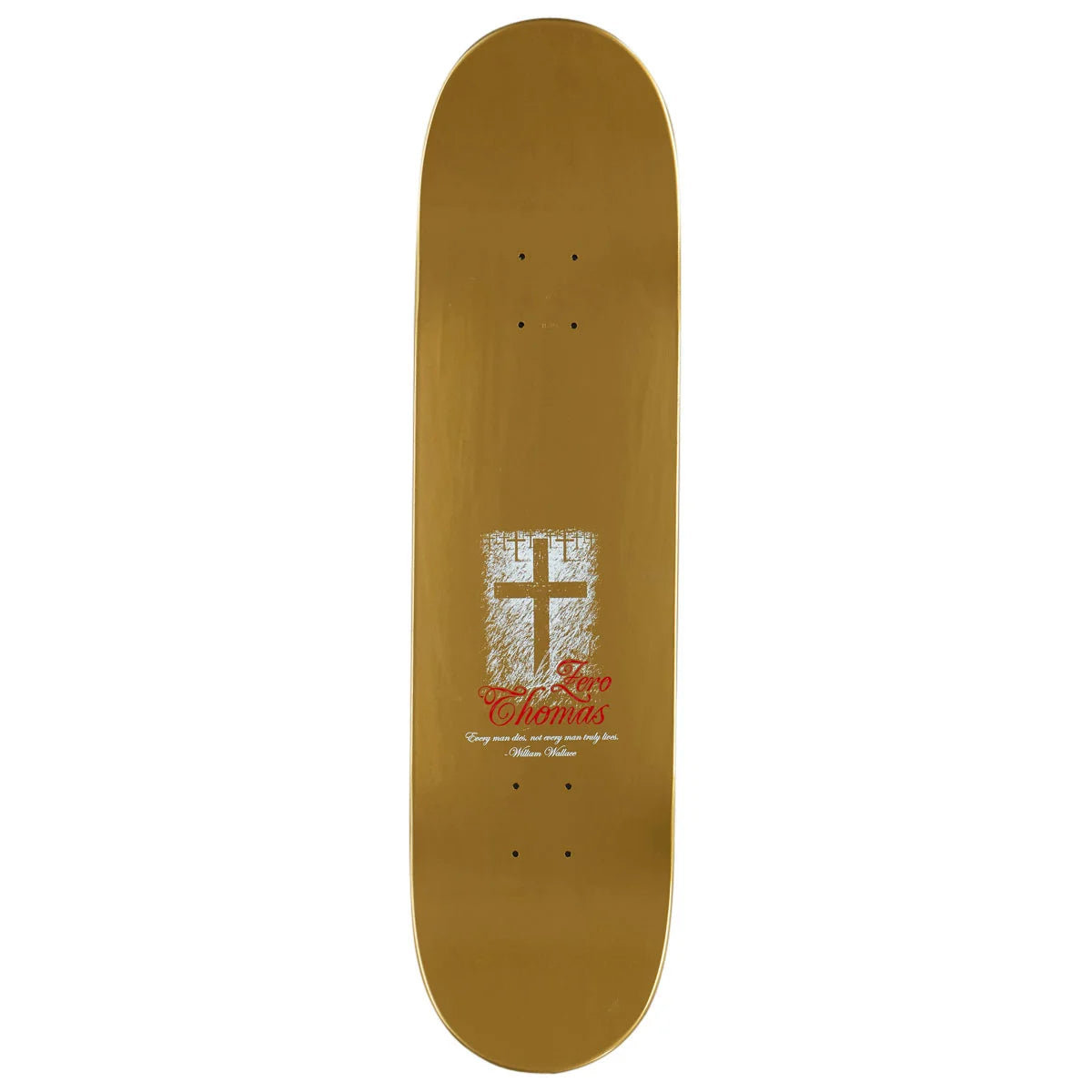 A gold skateboard deck with a white distressed cross graphic and red text reading 'For Good Times' on a plain white background.