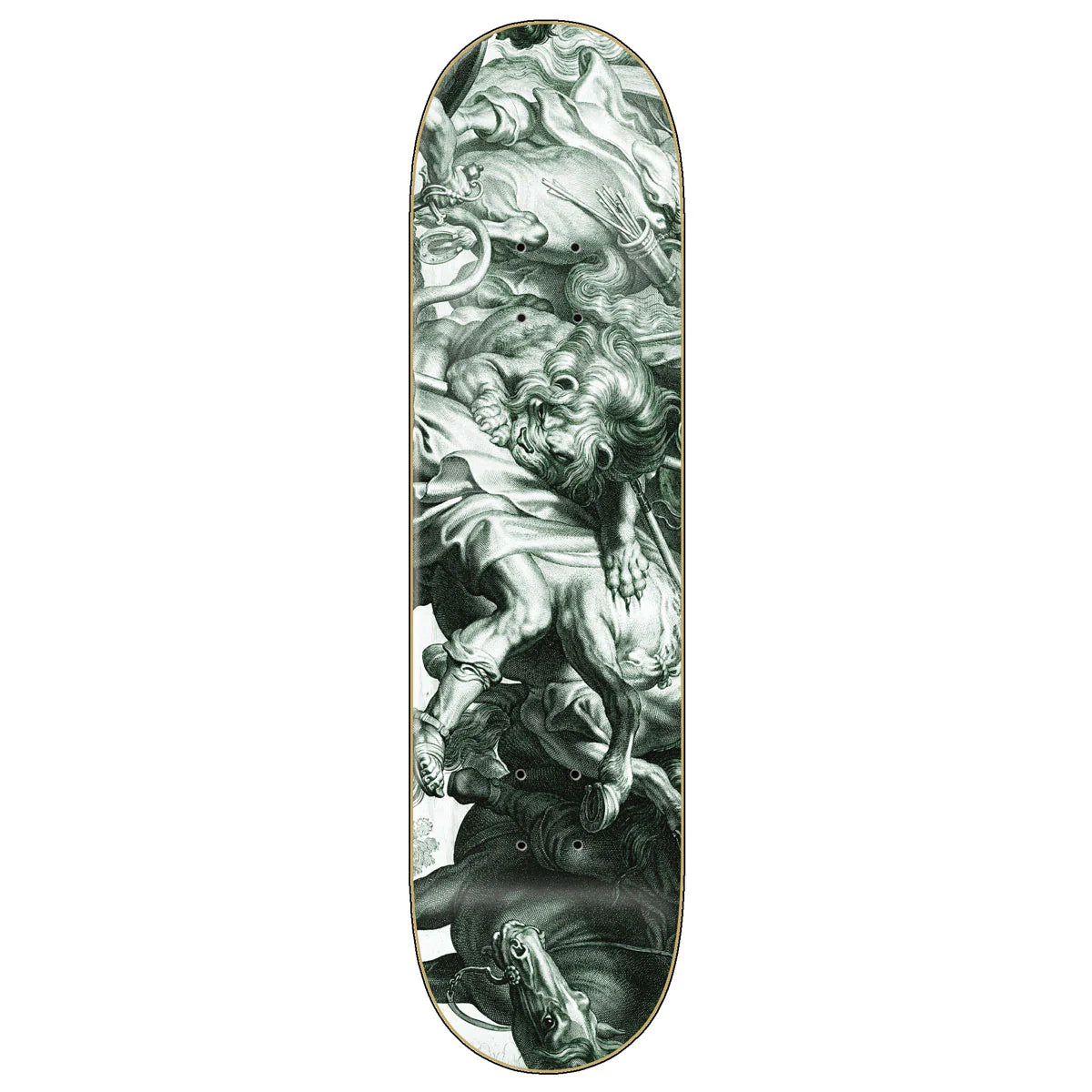 Skateboard deck with classical art design on a white background