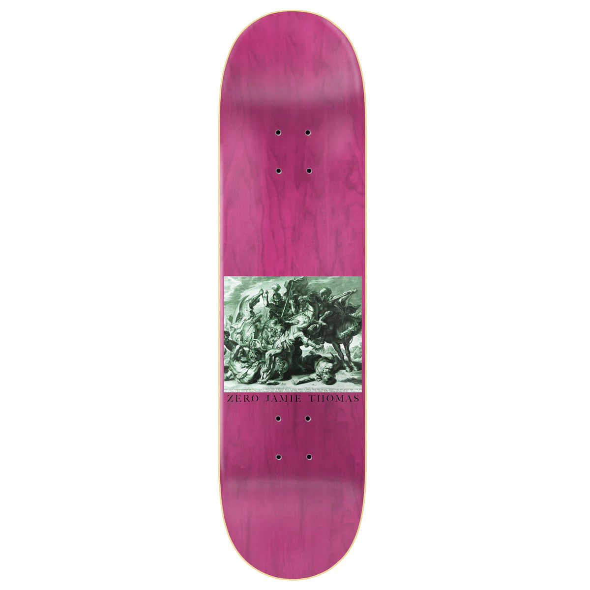 Pink skateboard deck with a graphic design on a white background