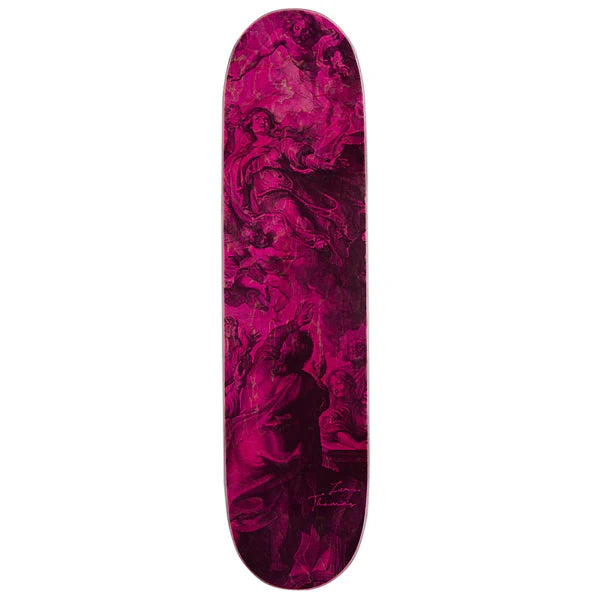 Skateboard deck with a pink and black abstract design on a white background