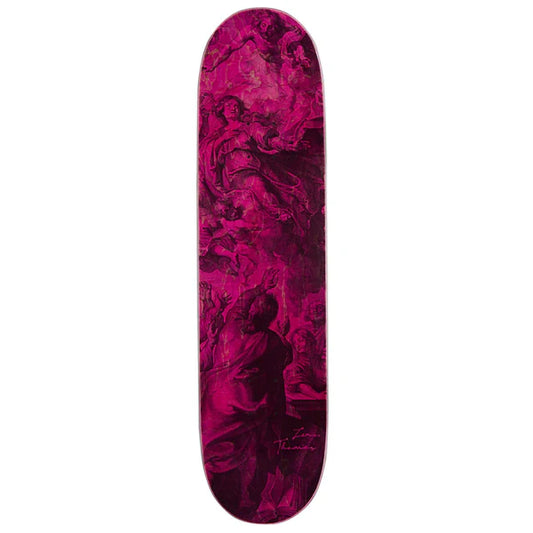 Skateboard deck with a pink and black abstract design on a white background