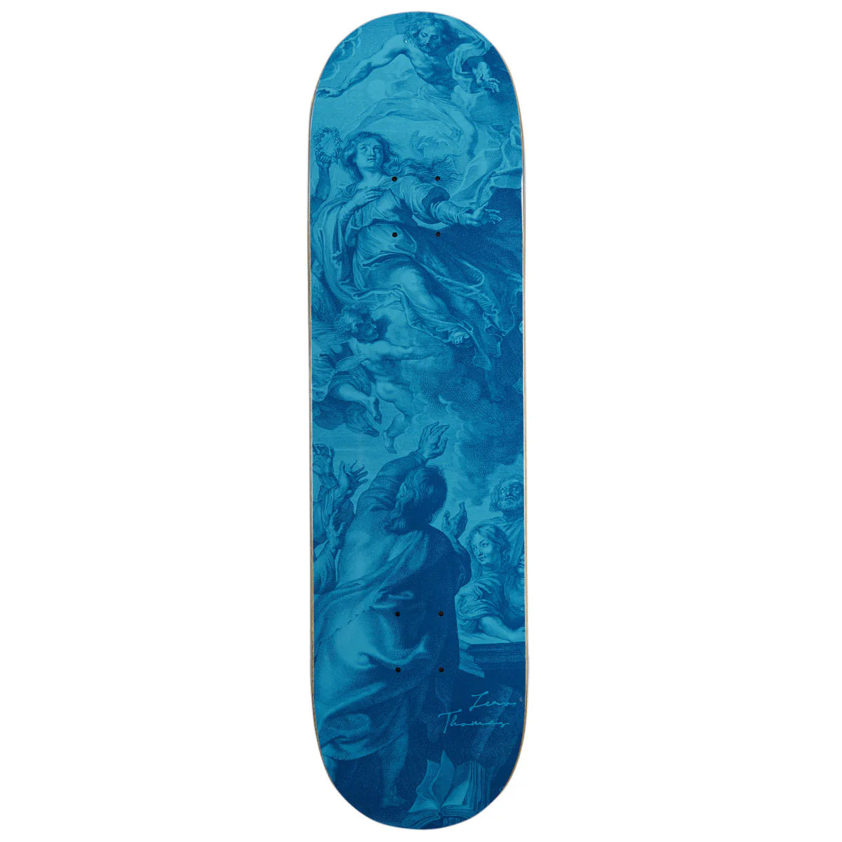 Blue skateboard deck with artistic design on a white background
