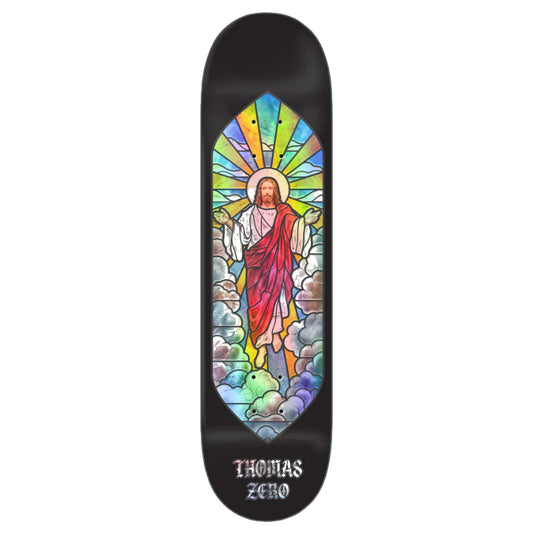 Skateboard deck with stained glass design and 'Thomas Zero' branding on a white background