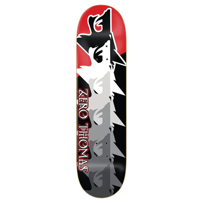 Skateboard deck with wolf design and 'Zero Thomas' branding on a white background
