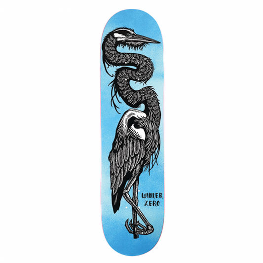 Skateboard deck with heron design on a light blue background