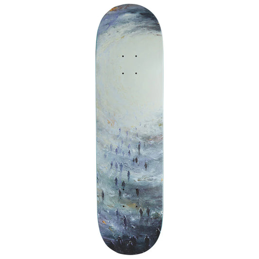 Skateboard deck with a artistic depiction of people on a beach