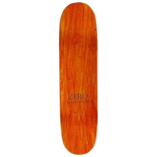 Wooden skateboard deck with 'Zero Chris Wimer' branding on a white background