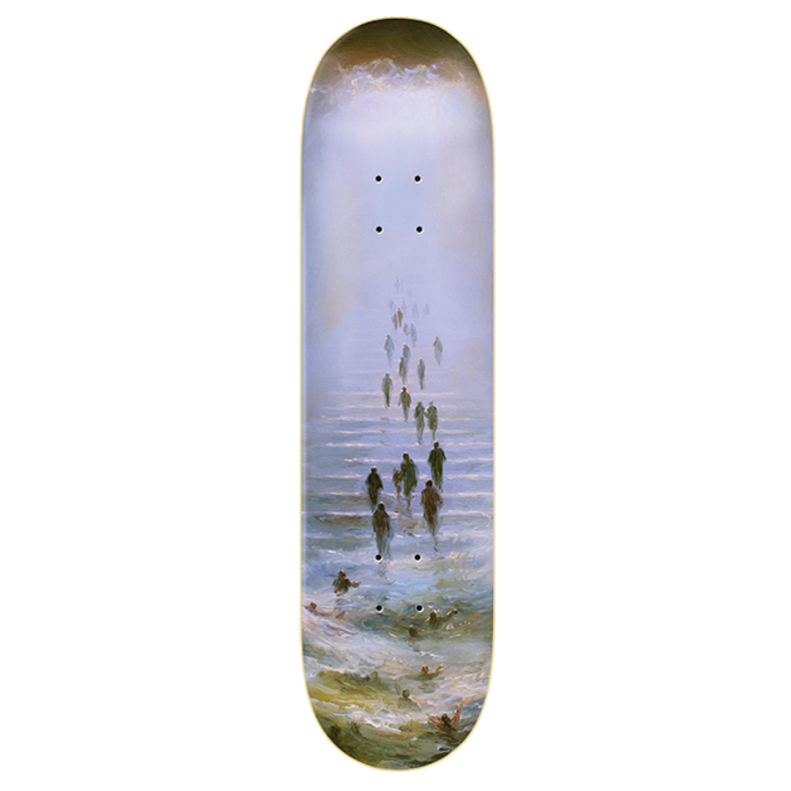 Skateboard deck with a design of people walking on a beach