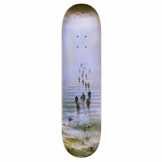 Skateboard deck with a design of people walking on a beach