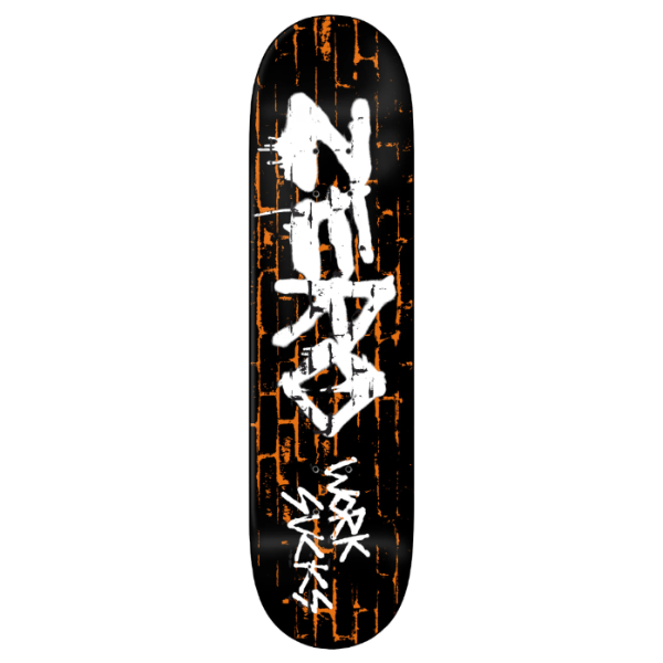 A skateboard deck featuring a black background with distressed orange wood-grain texture and large white graffiti-style lettering.