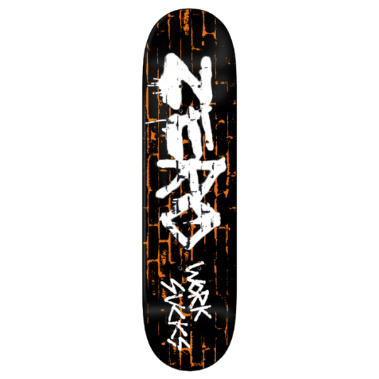 A skateboard deck featuring a black background with distressed orange wood-grain texture and large white graffiti-style lettering.
