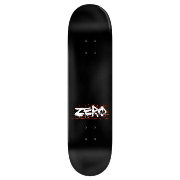 A black skateboard deck with a white and orange graffiti-style 'ZERO' graphic printed across the center.