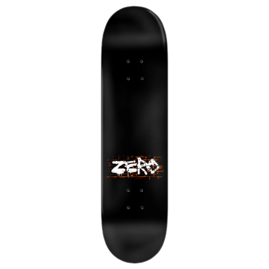 A black skateboard deck with a white and orange graffiti-style 'ZERO' graphic printed across the center.