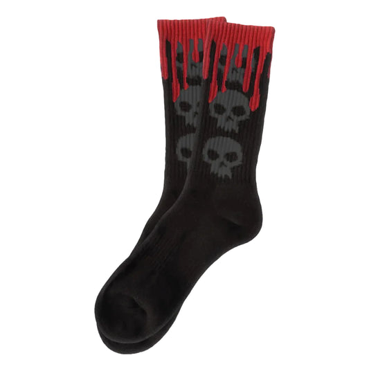 Black socks with gray skulls and red accents on a white background