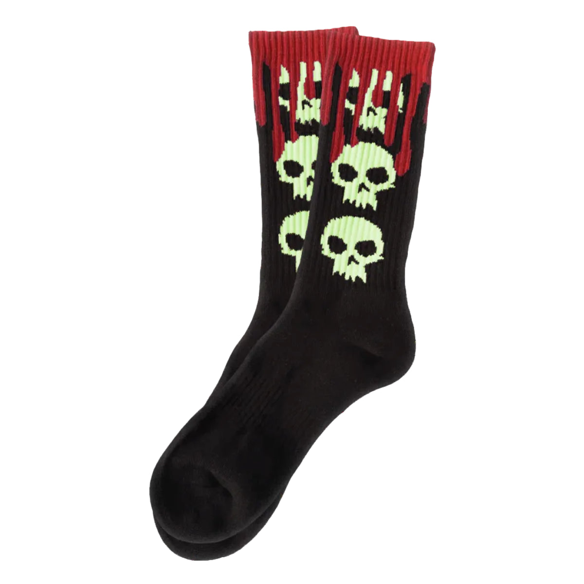 Black socks with green skulls and red accents on a white background