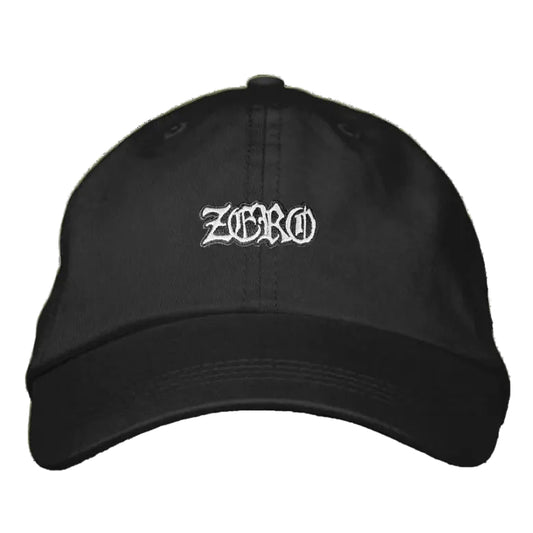 Black cap with white logo on a white background