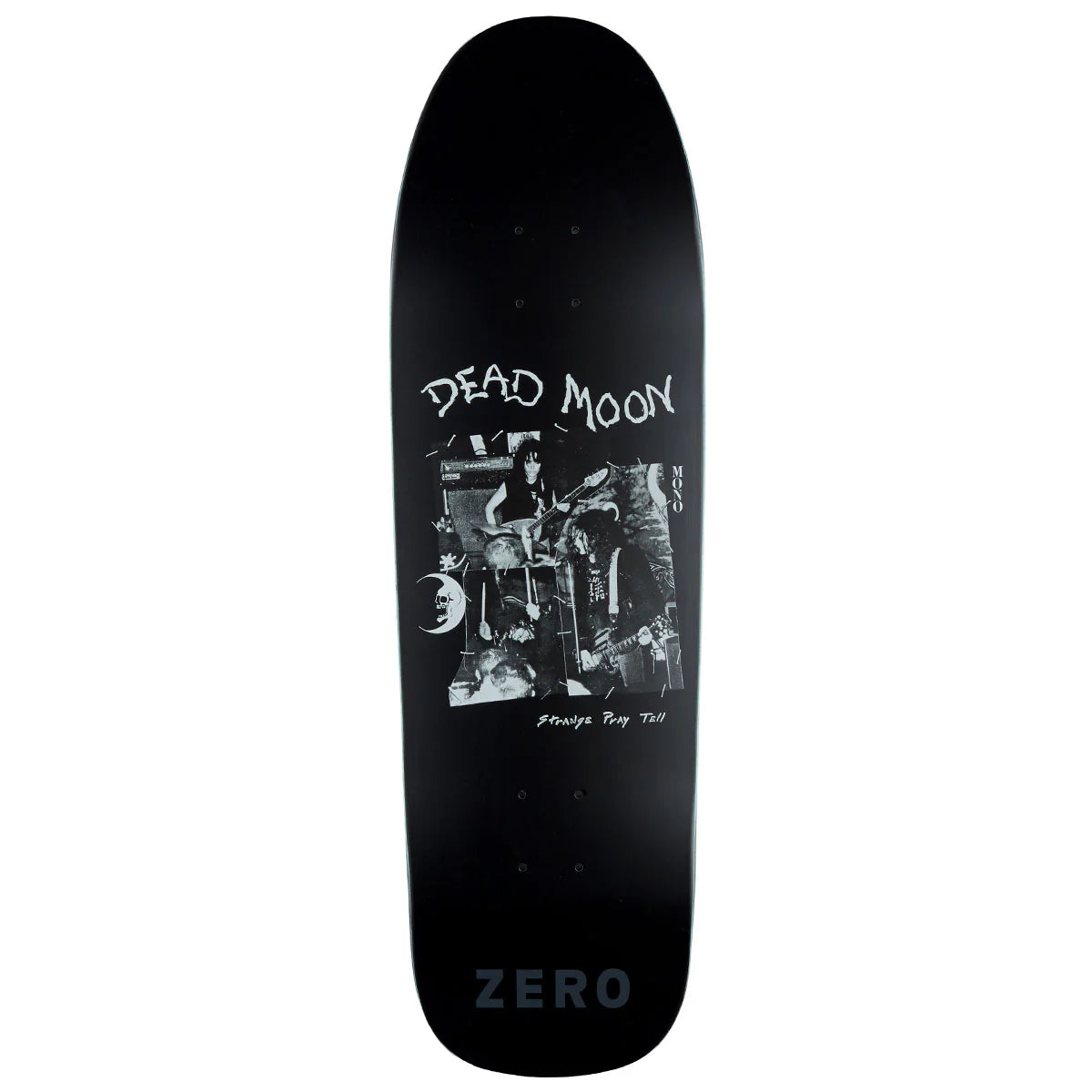 Black skateboard deck with 'Dead Moon' graphic and 'Zero' branding on a white background