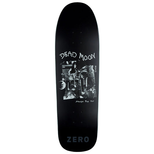 Black skateboard deck with 'Dead Moon' graphic and 'Zero' branding on a white background