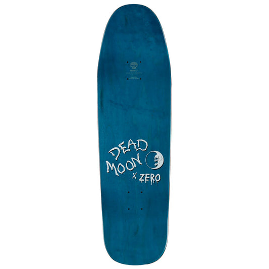 Blue skateboard deck with 'Dead Moon x Zero' text on a white background
