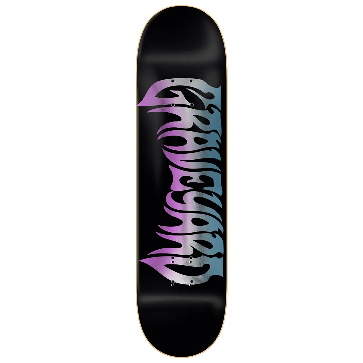 Black skateboard deck with colorful 'Mob' logo on a white background