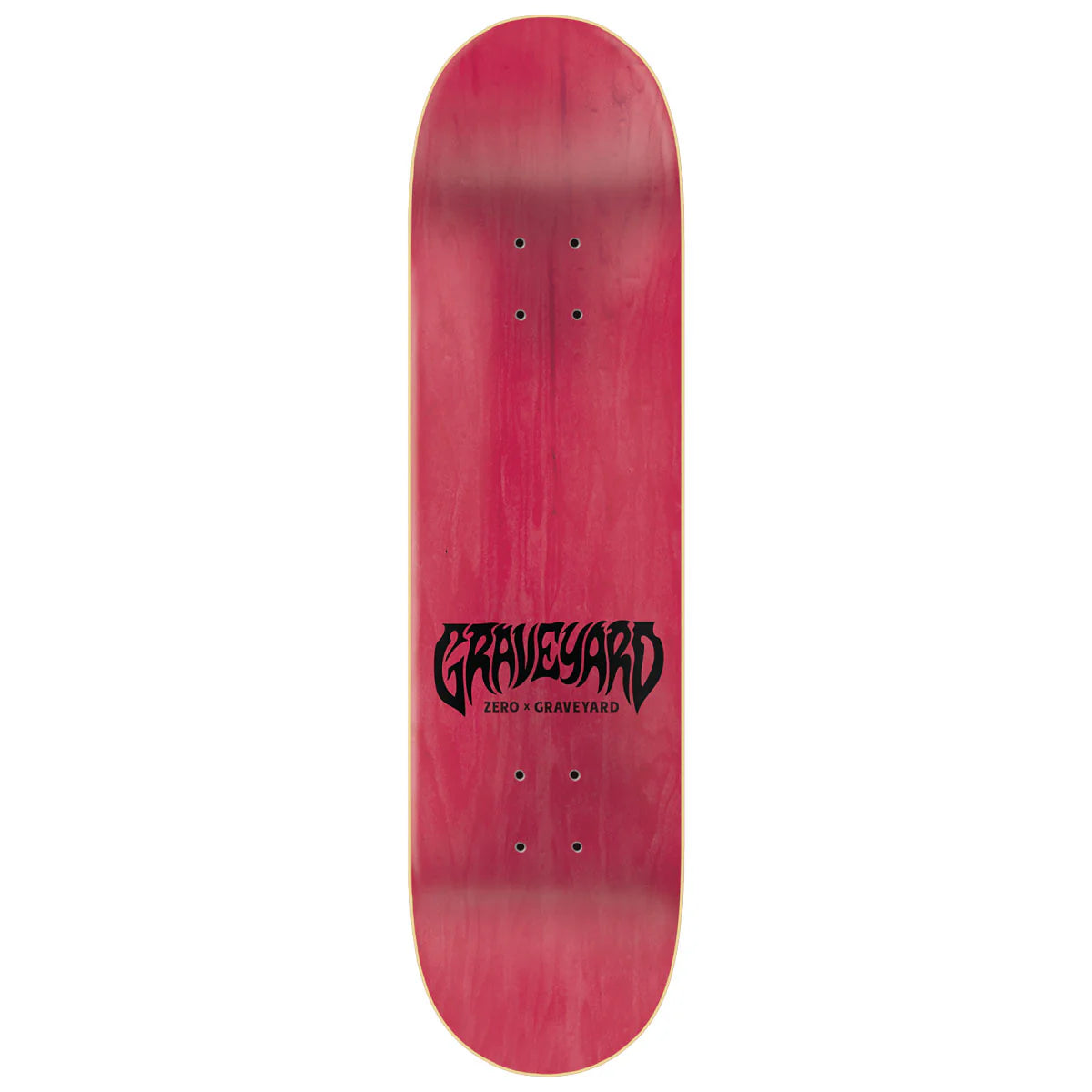 Red skateboard deck with 'Graveyard' logo on a white background
