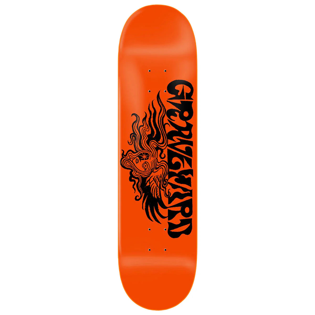 Orange skateboard deck with black graphic design and text on a white background