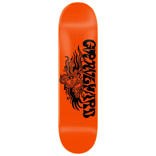 Orange skateboard deck with black graphic design and text on a white background