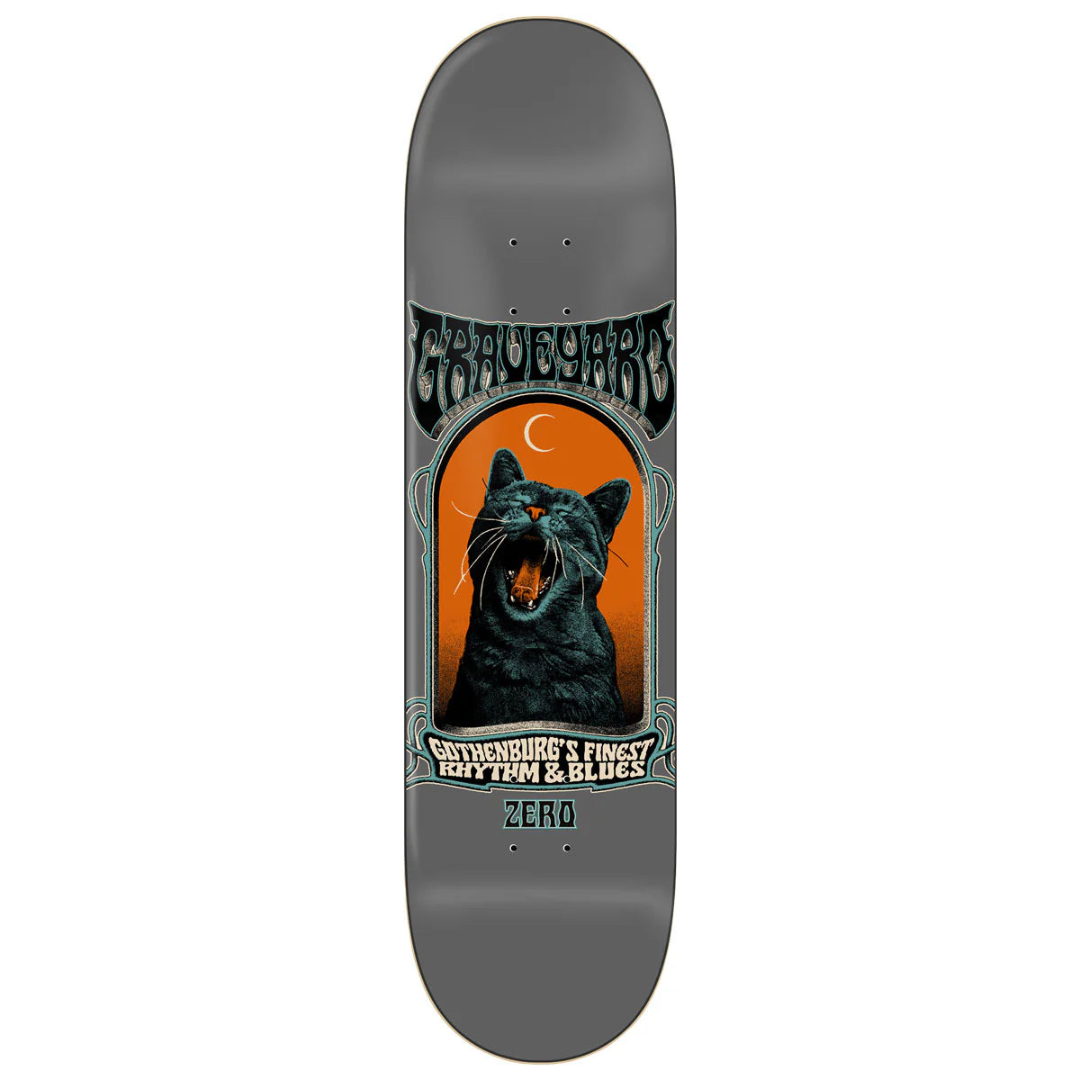 Skateboard deck with a cat graphic and text on a gray background