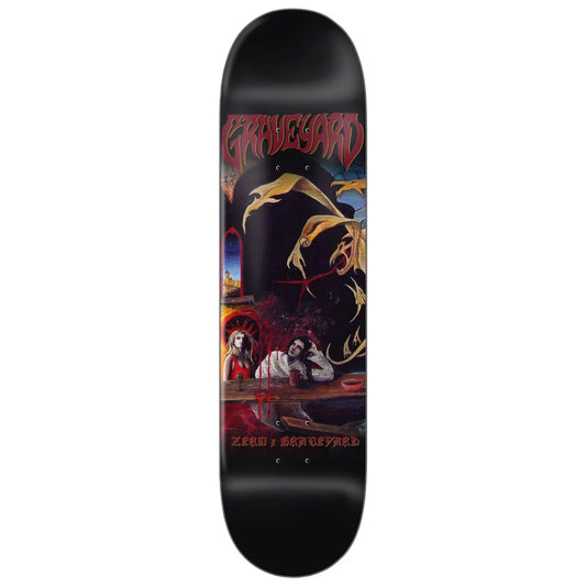 Skateboard deck with artistic design and text on a white background