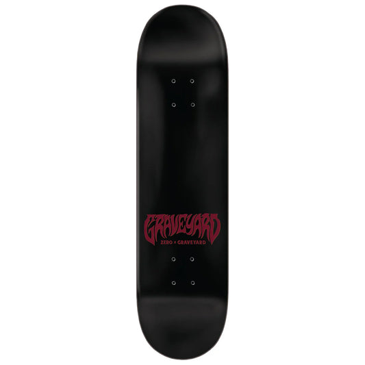 Black skateboard deck with red text on a white background