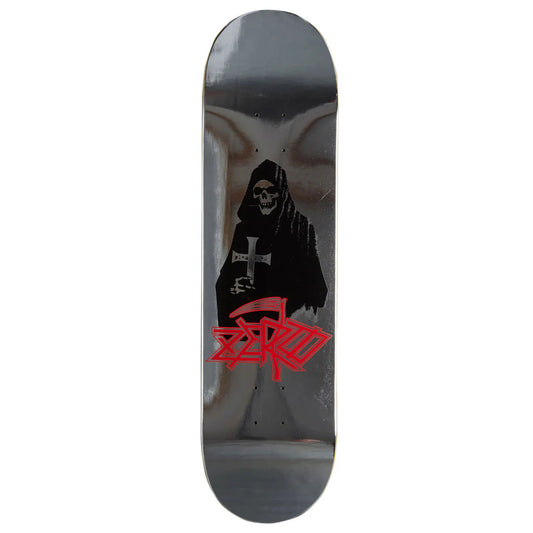 Skateboard deck with a grim reaper design and red logo on a white background
