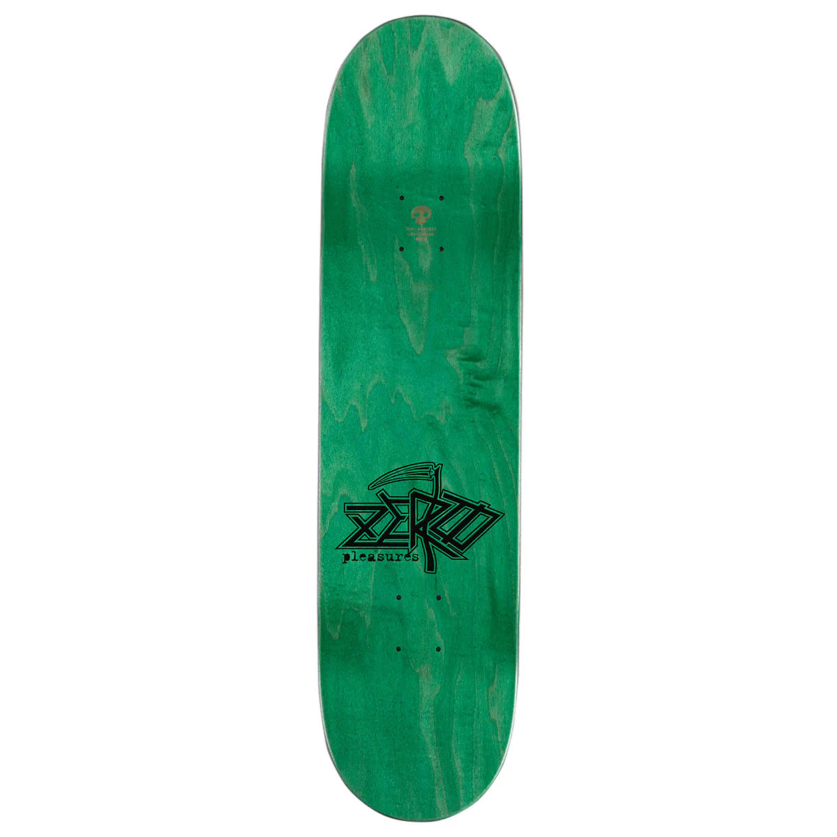 Green skateboard deck with a black logo on a white background
