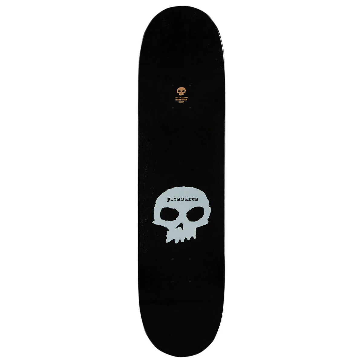 Black skateboard deck with a white skull design on a white background